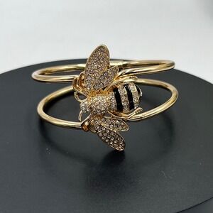 Gold Tone Clear and Black Rhinestone Queen Bumble Bee Bracelet Hinged Bangle‎